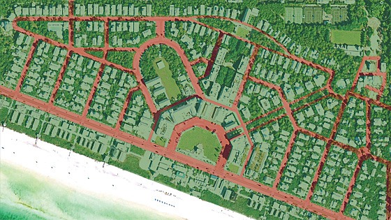 Seaside, Florida plan showing areas of real estate value and thoroughfares
