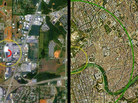 satellite photo of American power center on left and Rome on right, showing quarter-mile radii and the distance that people will actually walk in each environment