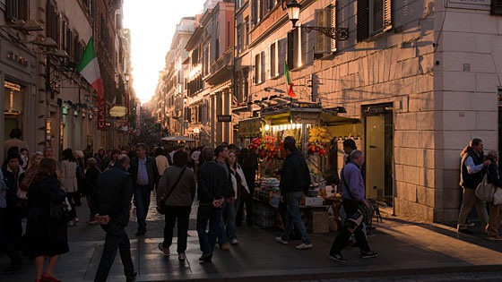 Rome streetscape near Spanish Steps in late afternoon light