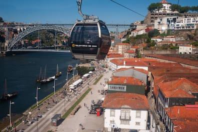 The Gaia Cable Car rides over Porto and the river.