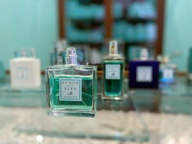 View of a sales counter at the 'Aqua dell'Elba' perfume manufactory, founded on Elba in 2001.