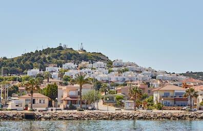 Beautiful sea view of Çeşme, a coastal town and administrative center at the western tip of Turkey, on a headland at the tip of the peninsula.