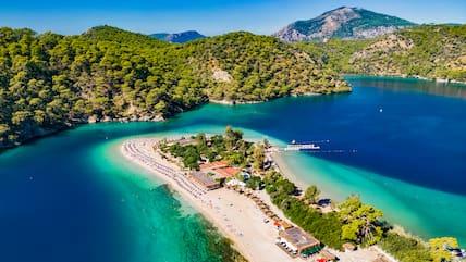 Aerial view of Ölüdeniz in the Fethiye District: Beach vacations in the Muğla province of Turkey are truly worthwhile.