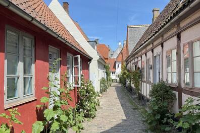 Red and white old town houses on a cobblestone street in Helsingør