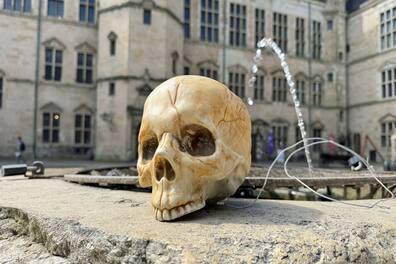 Skull on a fountain in Kronborg Castle in Helsingør, referencing Hamlet