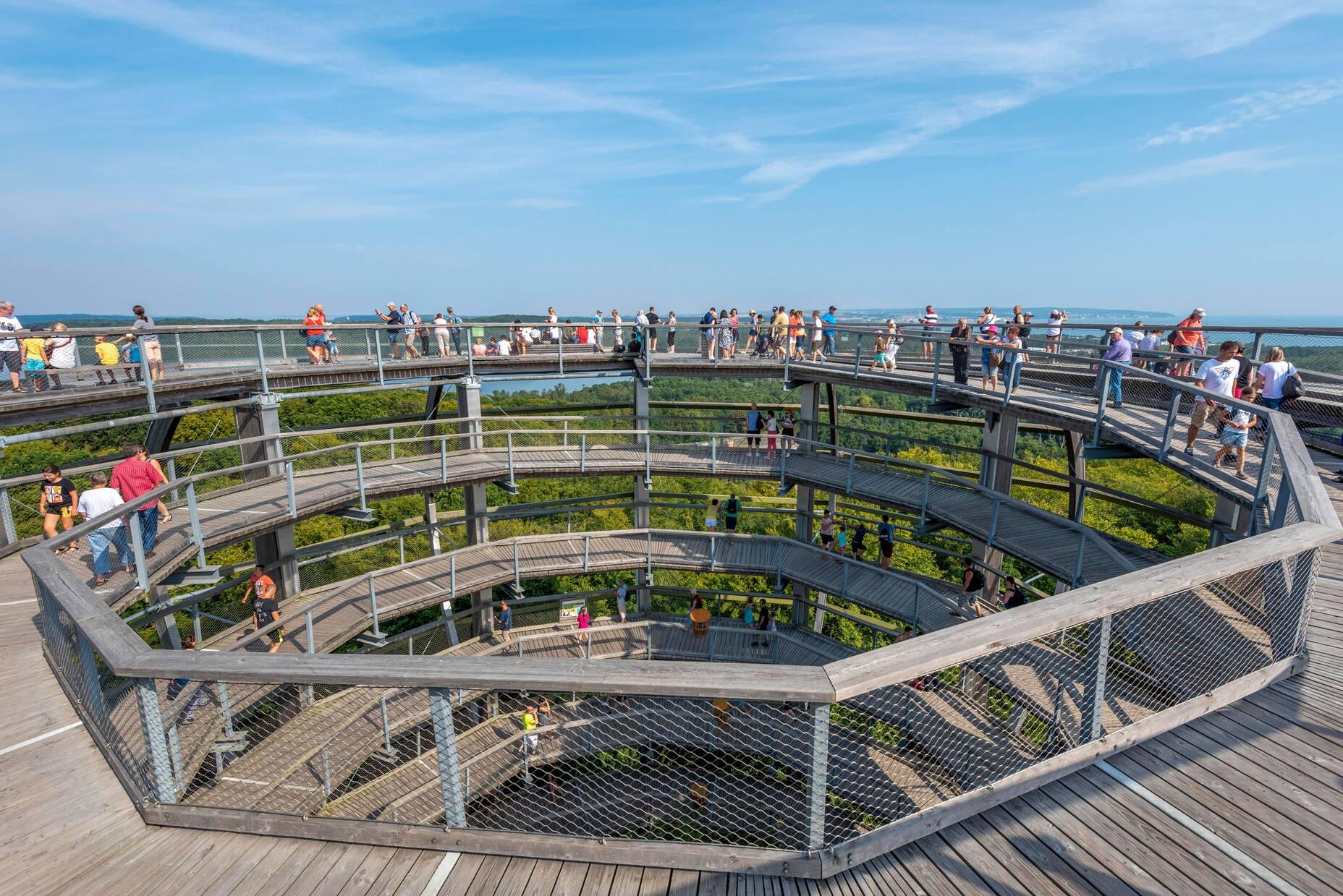 The treetop path in Prora, a district of Binz, is a popular tourist attraction. The path through the treetops ends at a 40-meter high observation platform.