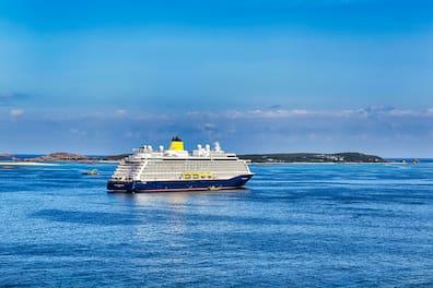 The Spirit of Discovery off the coast of the Scilly Isles at the southwestern tip of England.
