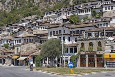 City of a Thousand Windows, old town with Ottoman houses along the Osum river in the city of Berat.