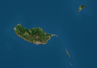 Aerial view of the Madeira archipelago - including Madeira, Porto Santo, and Desertas.