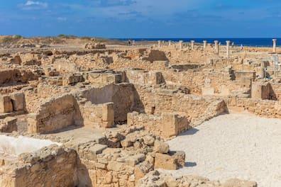 Expansive view over the archaeological excavation area of the ancient city of Paphos in Cyprus.