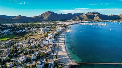 Wide view over the resort town of Pollenca on the island of Mallorca.