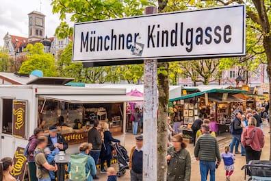 Stalls at the Auer Dult, a traditional folk festival at Mariahilfplatz, on the opening day, Munich, April 29, 2023