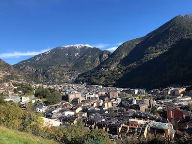View of Andorra la Vella with the Pyrenees mountains in the background
