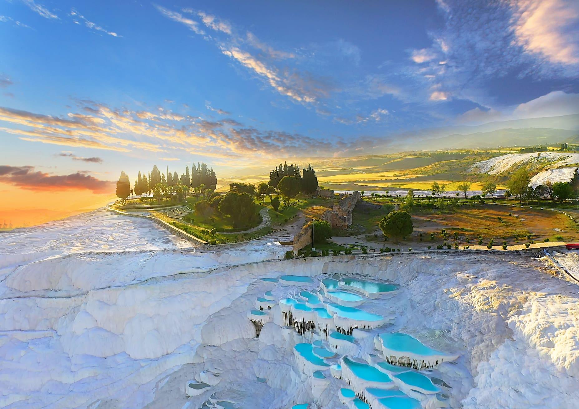 The limestone terraces with petrified waterfalls can be admired in Turkey.