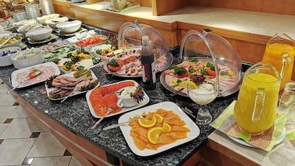 A rich breakfast buffet at the hotel.