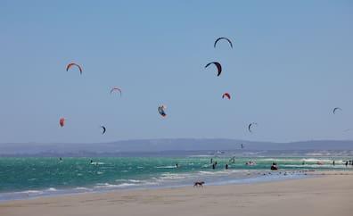 View over the beach of the holiday resort Langebaan in South Africa, which is known for its water sports offerings.