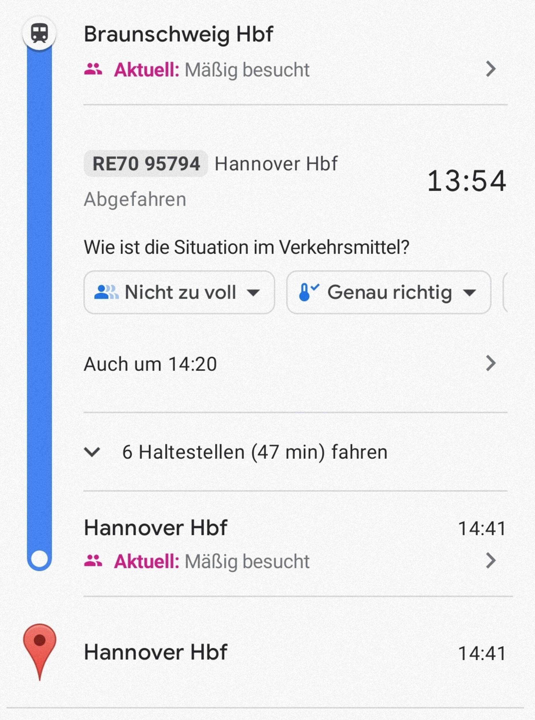 Screenshot of a train connection on Google Maps.