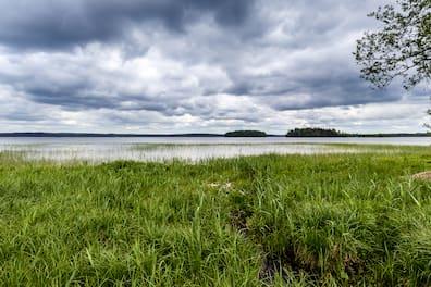 View over a meadow to a lake in Žemaitija National Park in Lithuania