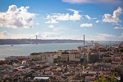 From the Miradouro Portas do Sol, travelers gaze upon the districts of Alfama, Mouraria, and the Castelo neighborhood.