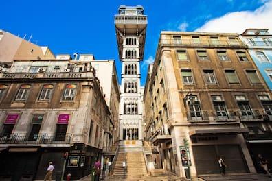 The Elevador de Santa Justa, a cast-iron elevator, leads up to an observation platform in the Baixa district.