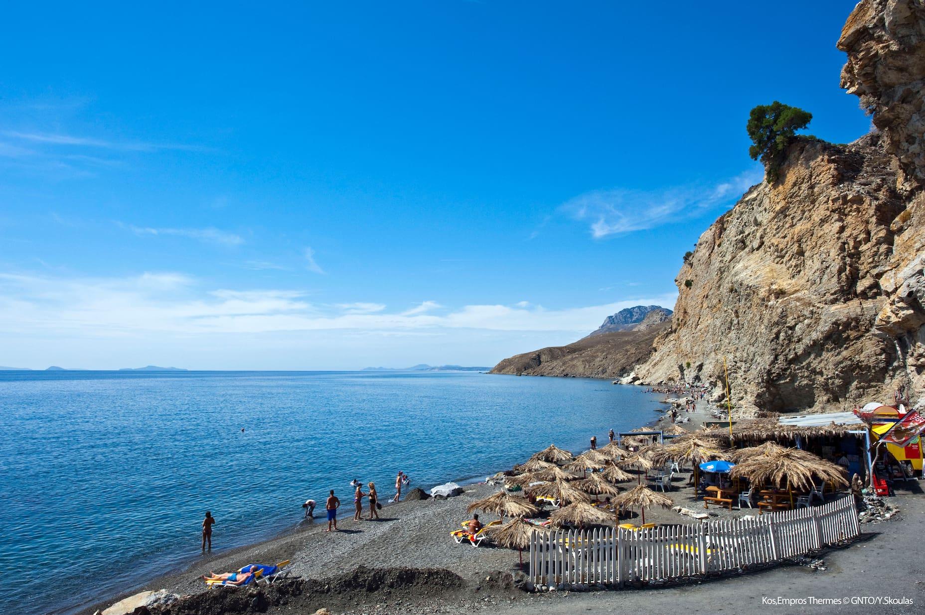 The famous bay with the thermal springs of Embros is located on the southern coast of Kos.