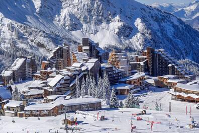 View of Avoriaz in the snowy French Alps with its design architecture