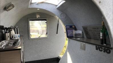 Subtle decorative elements remind us of the turbine's past in an aircraft.