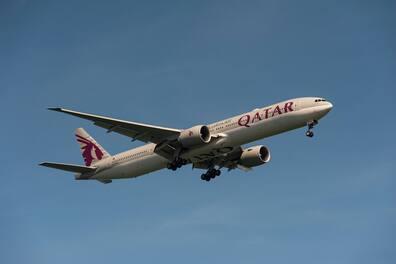 A Qatar Airways plane takes off.