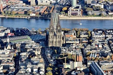 Cologne from above: Downtown, the Rhine, and the mighty Cologne Cathedral.