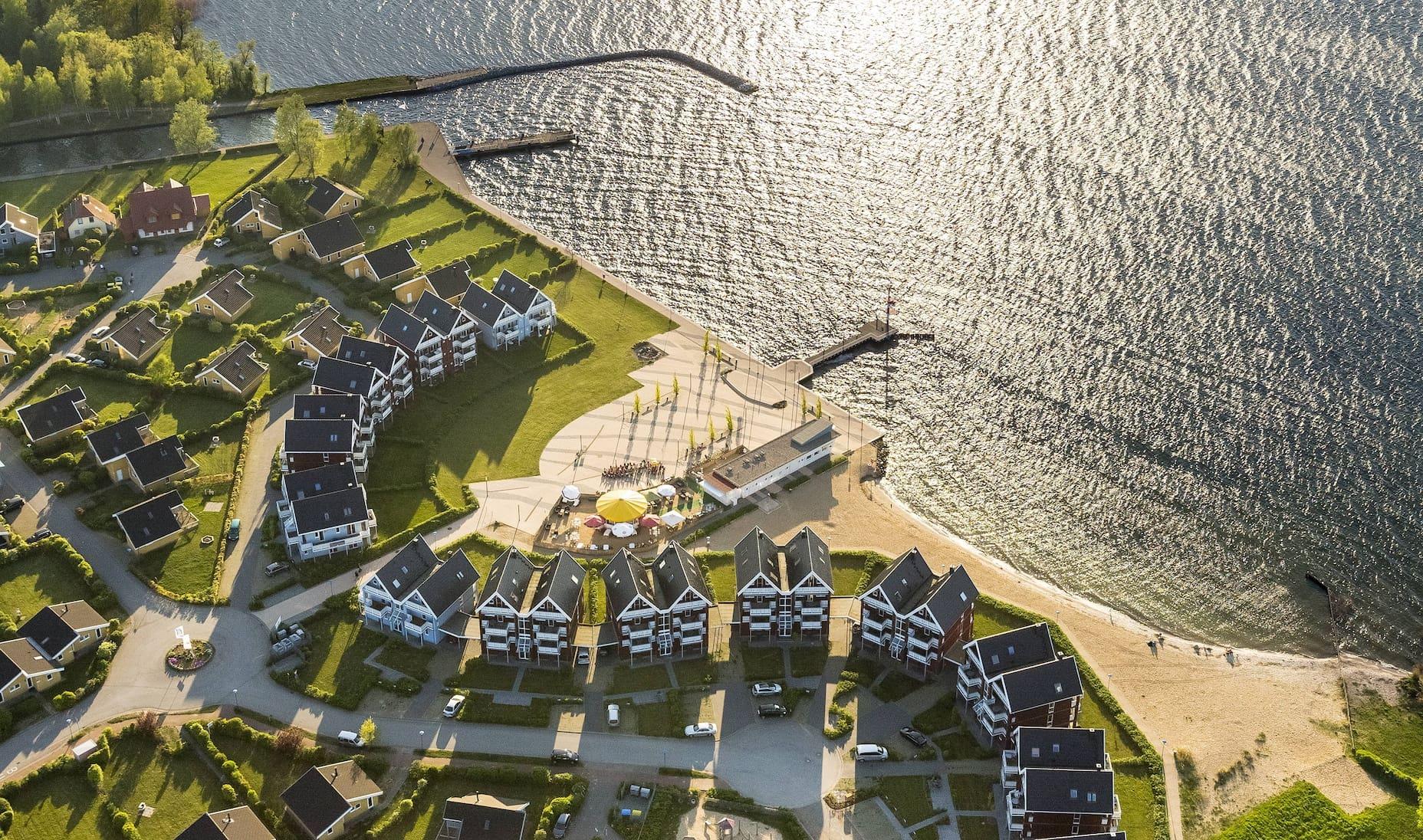 Sandy beach at the Mecklenburg Lake District: Rechlin with marina and Claassee and Müritz.