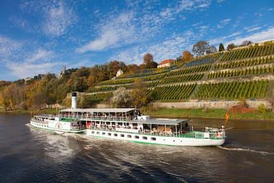 Steamboat travels down the Elbe past Saxon vineyards.