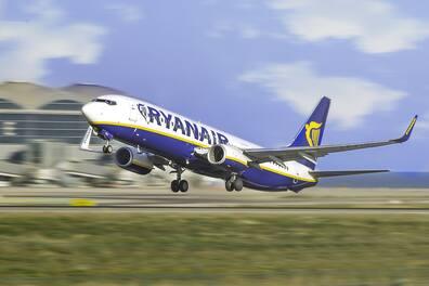 A Ryanair airplane taking off.
