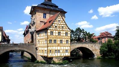 The Old Town Hall of Bamberg is located on a small island in the river and is accessible only via two arch bridges.