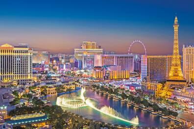 Las Vegas with Eiffel Tower and Caesars Palace Hotel, Blue Hour