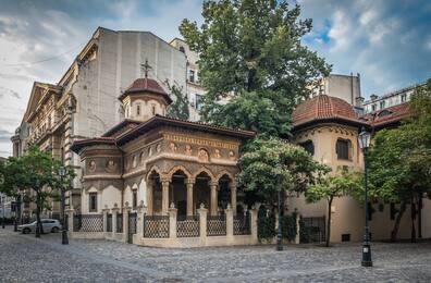 The pretty Stavropoleos Monastery in Bucharest's Old Town.