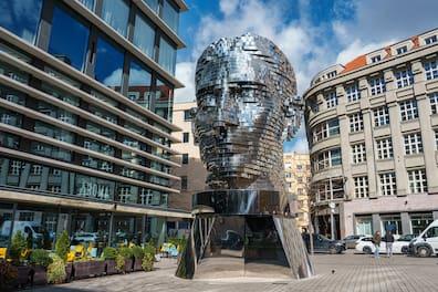 View of a shiny statue of a head made of different layers.