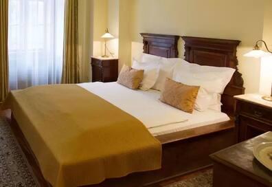The hotel room at Grand Praha in Prague.