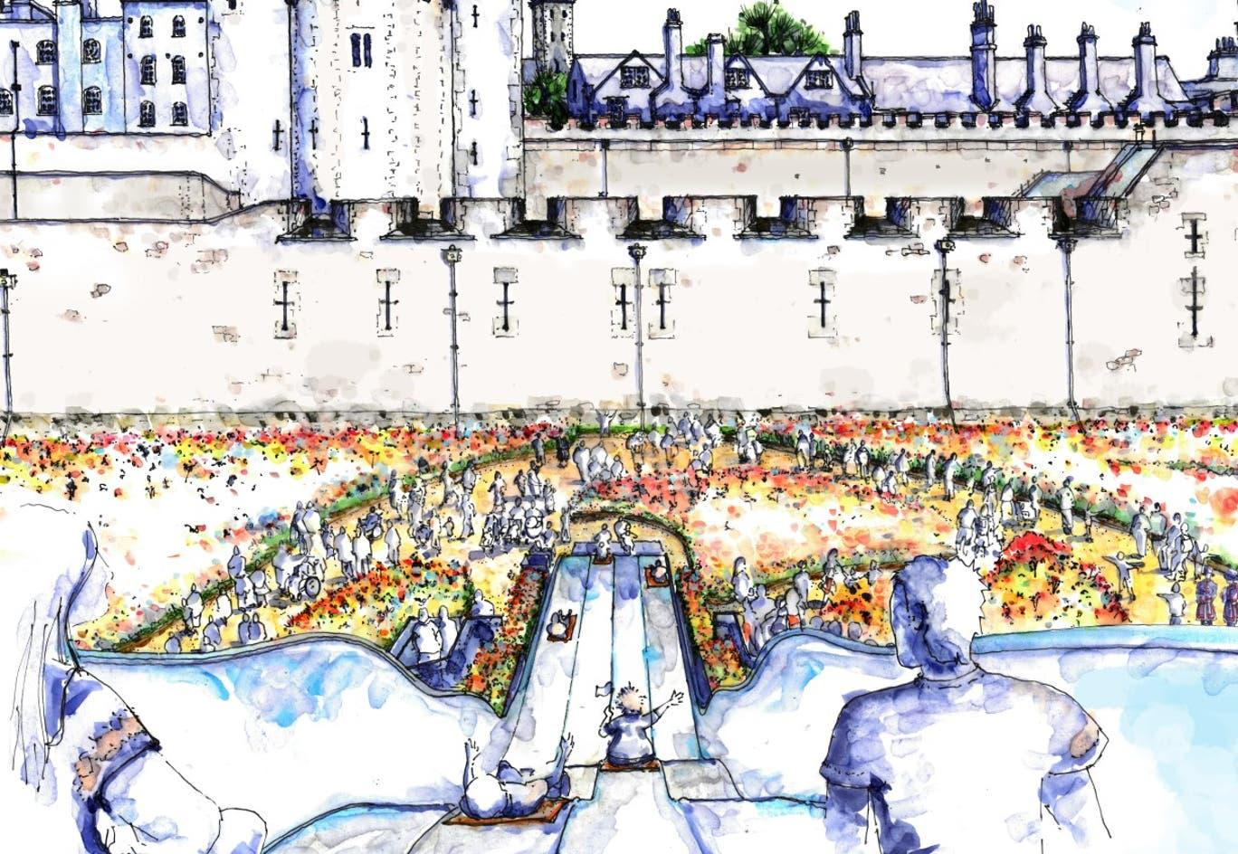 a giant slide will lead into a field of flowers at the tower of london's moat in summer 2022